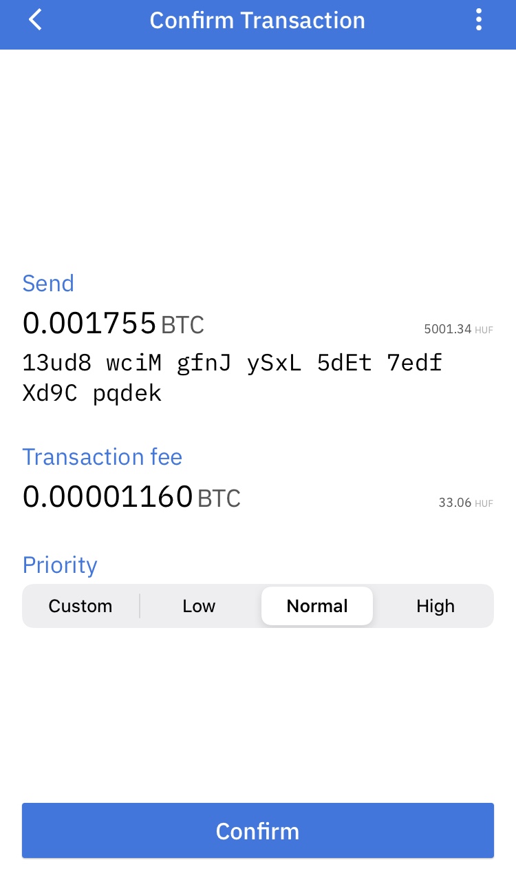 Küldési költség beállítása bitcoin tranzakció előtt egy kripto tárcában.